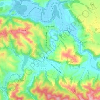 Mappa topografica Bidache, altitudine, rilievo