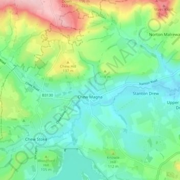 Mappa topografica Chew Magna, altitudine, rilievo