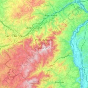 Mappa topografica Parc naturel régional du Pilat, altitudine, rilievo