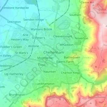 Mappa topografica Cheltenham, altitudine, rilievo