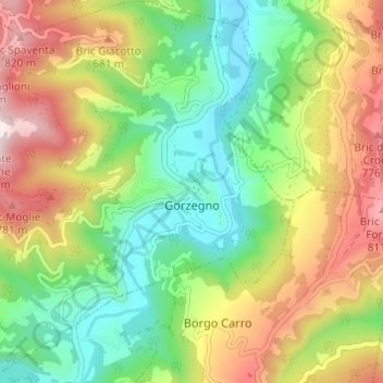 Mappa topografica Gorzegno, altitudine, rilievo