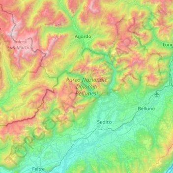 Mappa topografica Parco Nazionale Dolomiti Bellunesi, altitudine, rilievo