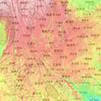 Mappa topografica 云南省, altitudine, rilievo