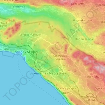 Mappa topografica Duino Aurisina, altitudine, rilievo