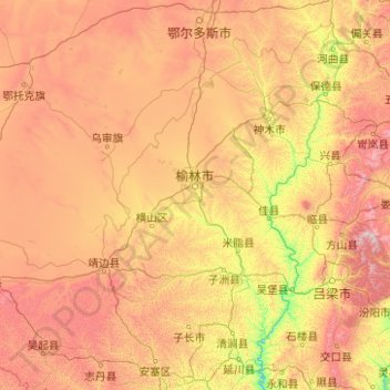 Mappa topografica 榆林市, altitudine, rilievo