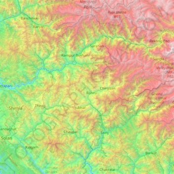 Mappa topografica Shimla District, altitudine, rilievo
