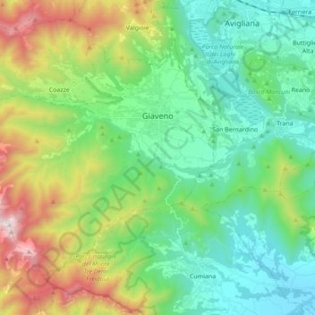 Mappa topografica Giaveno, altitudine, rilievo