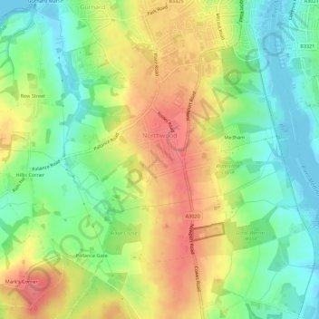 Mappa topografica Northwood, altitudine, rilievo
