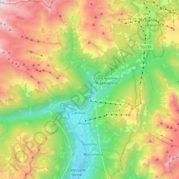 Mappa topografica Giustino, altitudine, rilievo