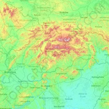 Mappa topografica Slovacchia, altitudine, rilievo