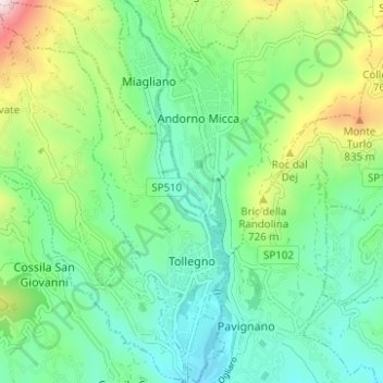 Mappa topografica Tollegno, altitudine, rilievo