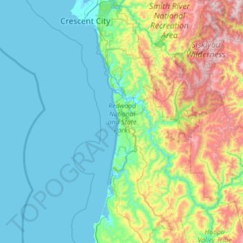 Mappa topografica Redwood National Park, altitudine, rilievo