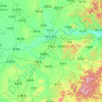 Mappa topografica 哈尔滨市, altitudine, rilievo