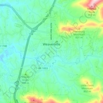 Mappa topografica Weaverville, altitudine, rilievo