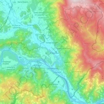 Mappa topografica Lavamünd, altitudine, rilievo