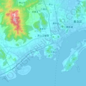 Mappa topografica 灵山卫街道, altitudine, rilievo