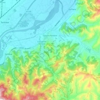 Mappa topografica Gassino Torinese, altitudine, rilievo