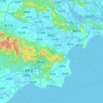 Mappa topografica 潮南区, altitudine, rilievo