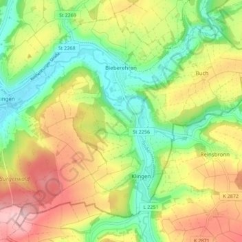 Mappa topografica Bieberehren, altitudine, rilievo