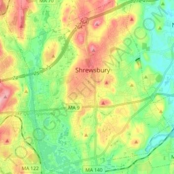 Mappa topografica Shrewsbury, altitudine, rilievo