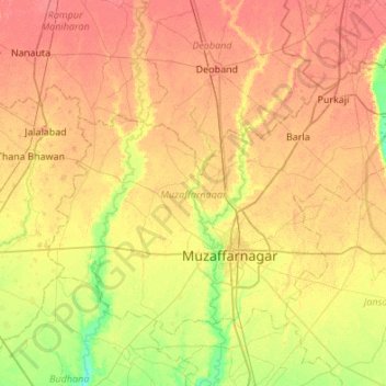 Mappa topografica Muzaffarnagar, altitudine, rilievo