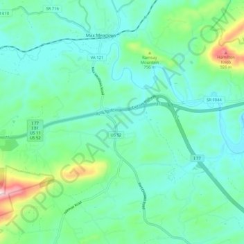 Mappa topografica Fort Chiswell, altitudine, rilievo