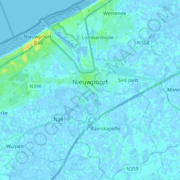 Mappa topografica Nieuwpoort, altitudine, rilievo