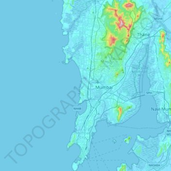 Mappa topografica Mumbai, altitudine, rilievo