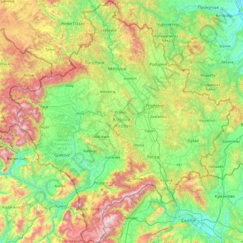 Mappa topografica Kosovo, altitudine, rilievo