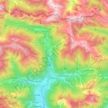 Mappa topografica Paluzza, altitudine, rilievo