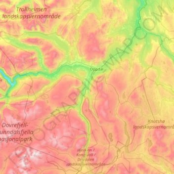 Mappa topografica Oppdal, altitudine, rilievo