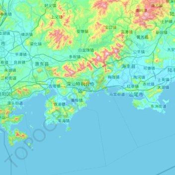 Mappa topografica 惠东县, altitudine, rilievo