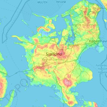 Mappa topografica Sjælland, altitudine, rilievo
