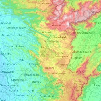 Mappa topografica Idukki, altitudine, rilievo