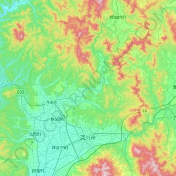 Mappa topografica Fukagawa, altitudine, rilievo