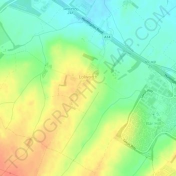 Mappa topografica Lolworth, altitudine, rilievo