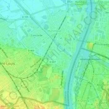 Mappa topografica Huningue, altitudine, rilievo