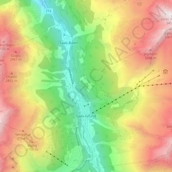 Mappa topografica Saas-Grund, altitudine, rilievo