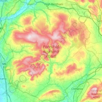 Mappa topografica Forest of Bowland AONB, altitudine, rilievo