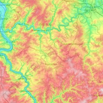 Mappa topografica Rhein-Lahn-Kreis, altitudine, rilievo