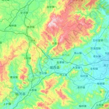 Mappa topografica 揭西县, altitudine, rilievo