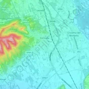 Mappa topografica Cornuda, altitudine, rilievo
