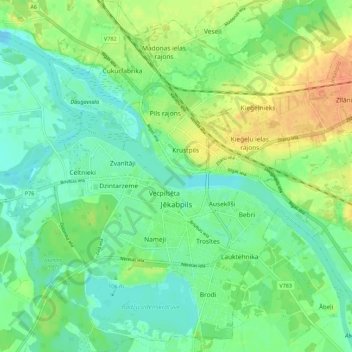 Mappa topografica Jēkabpils, altitudine, rilievo