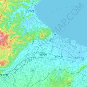 Mappa topografica 高岡市, altitudine, rilievo