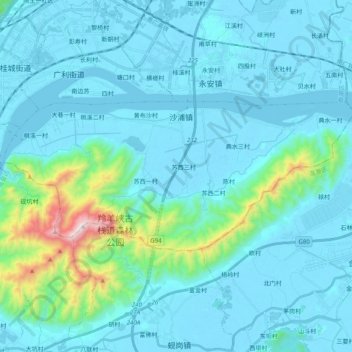 Mappa topografica 沙浦镇, altitudine, rilievo