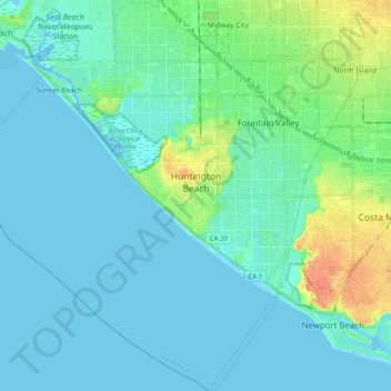 Mappa topografica Huntington Beach, altitudine, rilievo