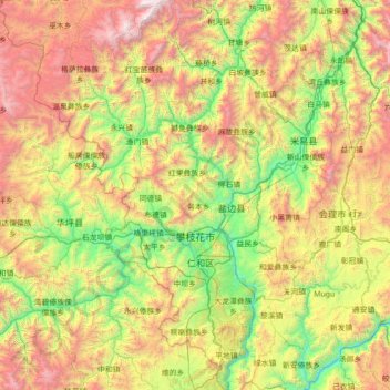 Mappa topografica 攀枝花市, altitudine, rilievo