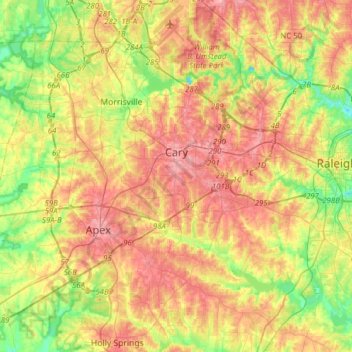 Mappa topografica Cary, altitudine, rilievo