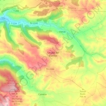 Mappa topografica Savallà del Comtat, altitudine, rilievo