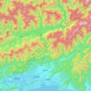 Mappa topografica 香美市, altitudine, rilievo